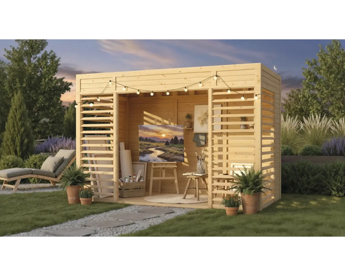 Pavillon de jardin en bois avec atelier d'art, chaise longue et plantes