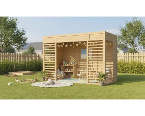 Maisonnette en bois avec meubles et jouets dans le jardin
