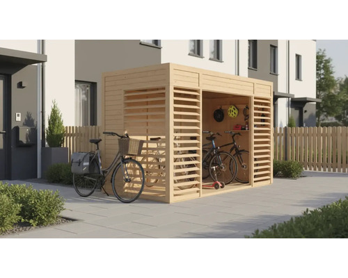 Garage à vélos en bois avec des vélos devant une maison