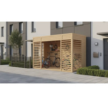 Garage à vélos en bois avec vélos et accessoires