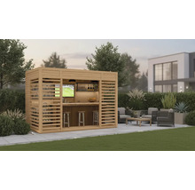 Bar de jardin en bois avec télévision et tabourets de bar dans un jardin moderne