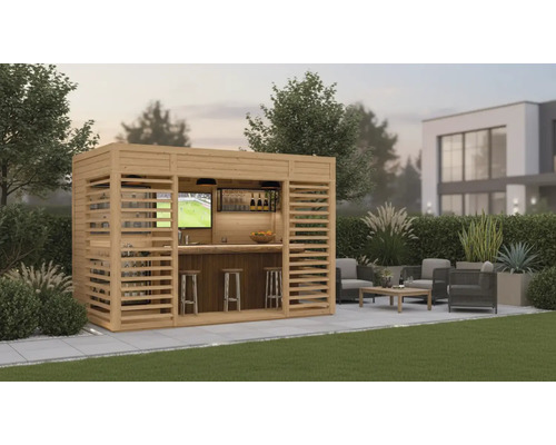 Bar de jardin en bois avec télévision et tabourets de bar dans un jardin moderne