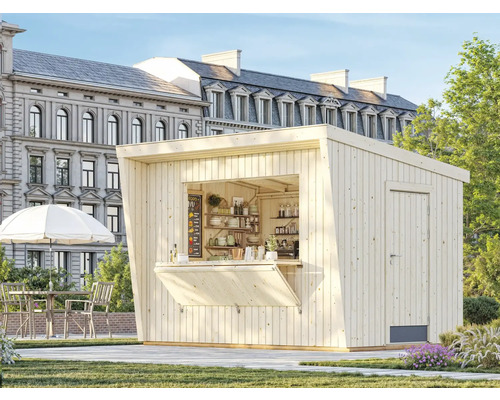 Abri de jardin en bois avec un comptoir de vente, une porte et des étagères devant un bâtiment