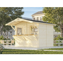 Holzverkaufsstand mit Tischen und Stühlen im Aussenbereich