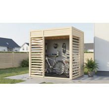 Garage à vélos en bois avec vélos, casque de vélo et accessoires