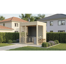 Kota de grill avec barbecue, évier et tabourets de bar dans le jardin