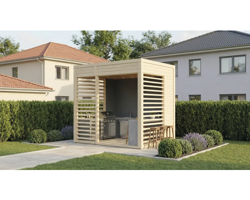 Kota de grill avec barbecue, évier et tabourets de bar dans le jardin