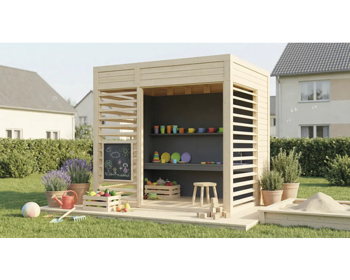 Cabane de jeu en bois avec étagères, tableau noir, légumes et bac à sable dans le jardin