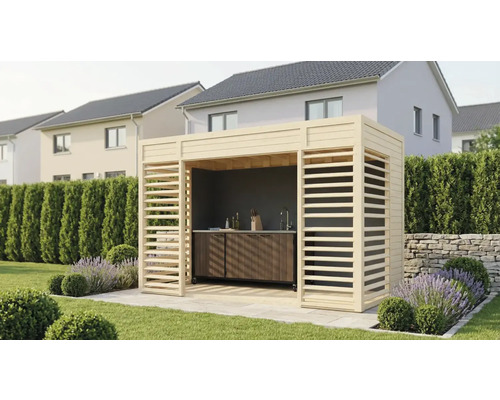 Cuisine extérieure avec cadre en bois et plan de travail dans le jardin