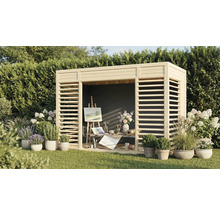 Abri de jardin en bois avec plantes et chevalet sur une pelouse