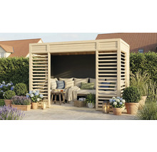 Salon de jardin en bois avec parois à lamelles, coussins et décoration inclus