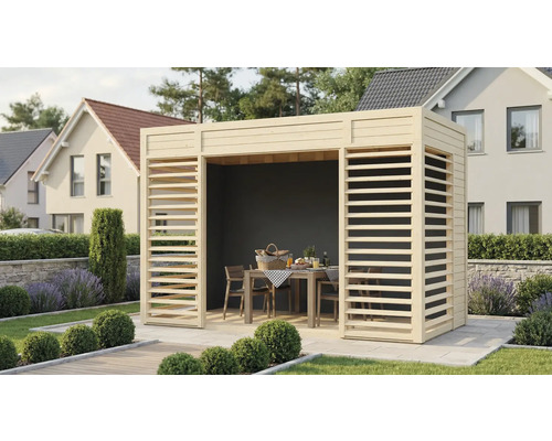Pavillon de jardin en bois avec parois à lamelles dans le jardin avec table et chaises