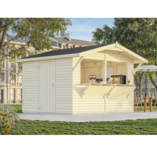 Abri de jardin en bois avec comptoir de vente et porte