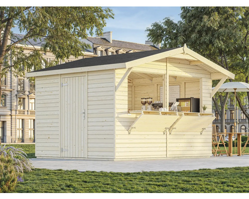 Abri de jardin en bois avec comptoir de vente et porte