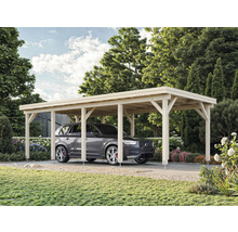 Carport en bois avec voiture dans le jardin