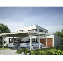 Doppelcarport aus Holz vor einem Wohnhaus mit zwei parkenden Autos