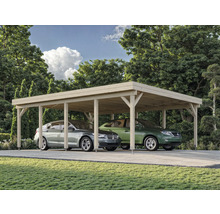 Double carport en bois avec deux voitures garées