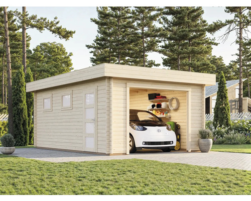 Garage en bois avec voiture et étagères dans le jardin