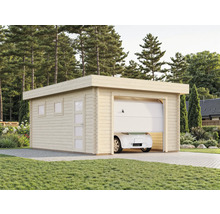 Garage en bois avec porte sectionnelle partiellement ouverte et voiture
