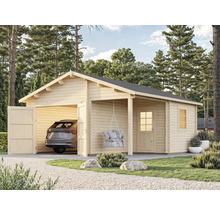 Garage en bois avec toit monopente, allée et porte d'entrée latérale dans le jardin