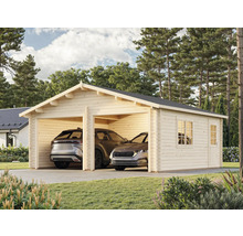 Doppelgarage aus Holz mit zwei Autos und Fenstern