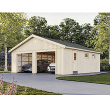 Garage double en bois avec deux voitures garées