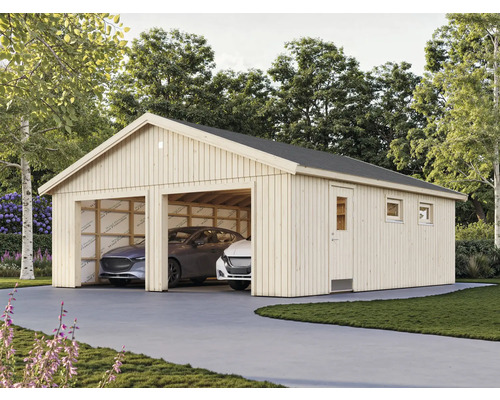 Garage double en bois avec deux voitures garées