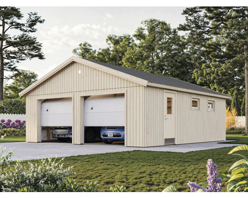 Garage double en bois avec deux voitures garées