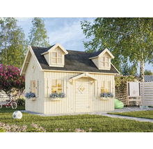 Cabane de jeu en bois avec fenêtres et toit dans le jardin