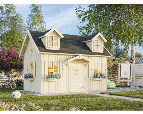 Cabane de jeu en bois avec fenêtres et toit dans le jardin