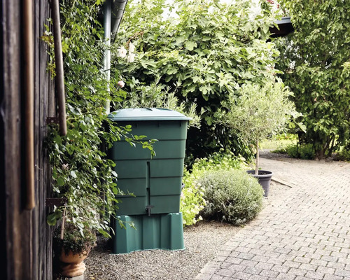 Récupérateur d'eau de pluie en plastique dans jardin avec plantes