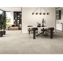 Espace de vie lumineux avec carrelage, table à manger et bibliothèque