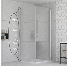 Douche d'angle avec éléments en verre et détails pour le montage