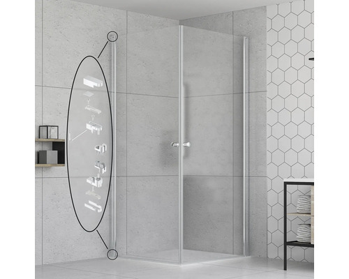 Douche d'angle avec éléments en verre et détails pour le montage