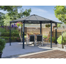 Scène de jardin avec pavillon, table et chaises sur une terrasse