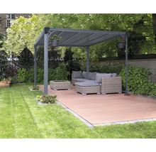 Jardin avec pavillon de jardin, mobilier de salon et dalles de terrasse