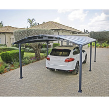 Auto unter einem Carport auf einer gepflasterten Auffahrt