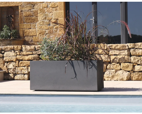 Rechteckiger Pflanzkasten mit Bepflanzung im Aussenbereich.