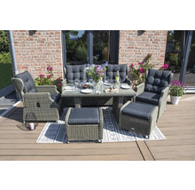 Ensemble de meubles de jardin avec table, fauteuils, banc et tabouret sur une terrasse