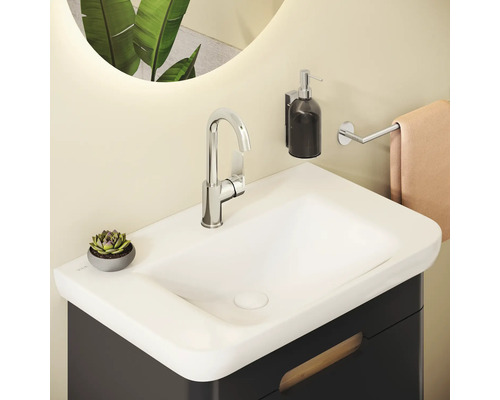 Badezimmer Waschbecken mit Armatur, Seifenspender, Handtuchhalter und Pflanze