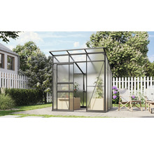 Gewächshaus mit Schiebetür auf einer gepflasterten Fläche in einem Garten