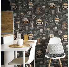 Scène de cuisine avec table à manger et papier peint à motifs de café