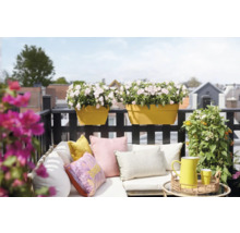 Balcon décoratif avec jardinières et sièges confortables