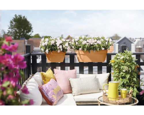Balcon avec coin salon, coussins et jardinières plantées