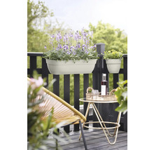 Balkonszene mit Blumenkästen, Tisch und Stuhl auf einem Balkon