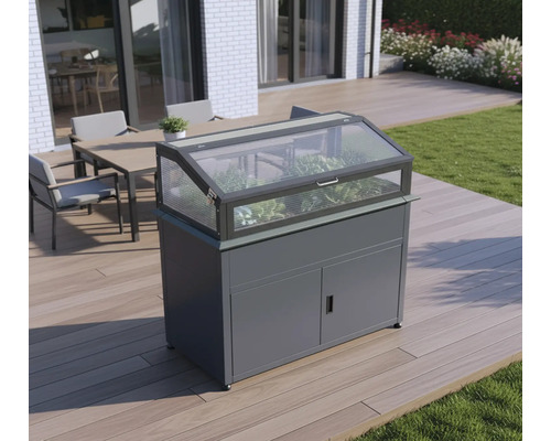 Jardinière surélevée avec meuble bas sur une terrasse