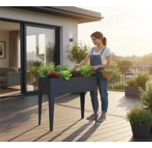 Femme entretenant des légumes dans un potager surélevé sur une terrasse.