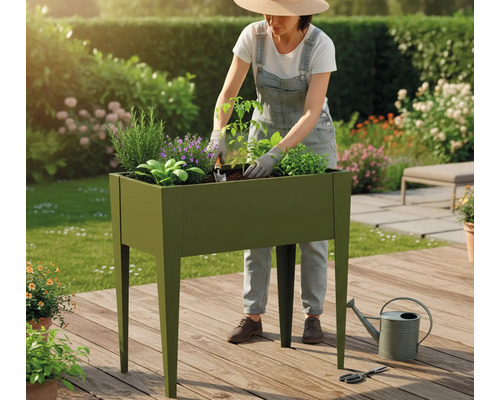 Frau bepflanzt Hochbeet im Garten mit diversen Kräutern und Pflanzen.