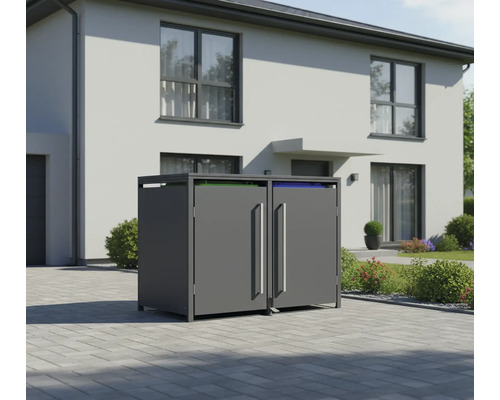 Doppelter Mülltonnenbox zur Aufbewahrung von Abfalltonnen vor einem Wohnhaus
