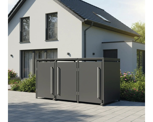 Mülltonnenbox aus Metall vor einem Haus